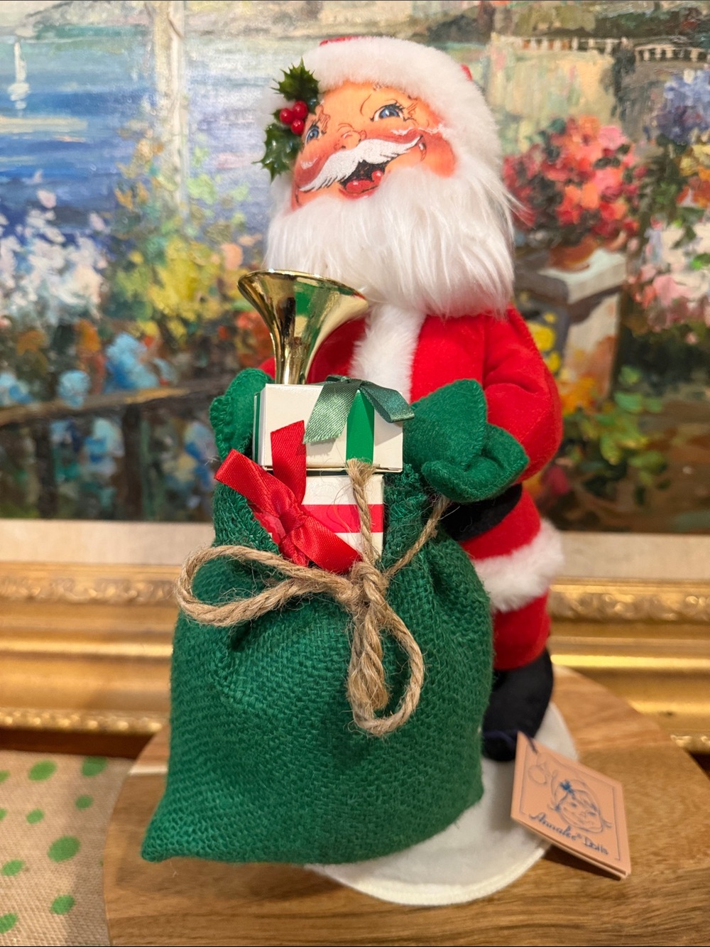 Annalee Red Santa Doll with Green Gift Sack and Gold Horn